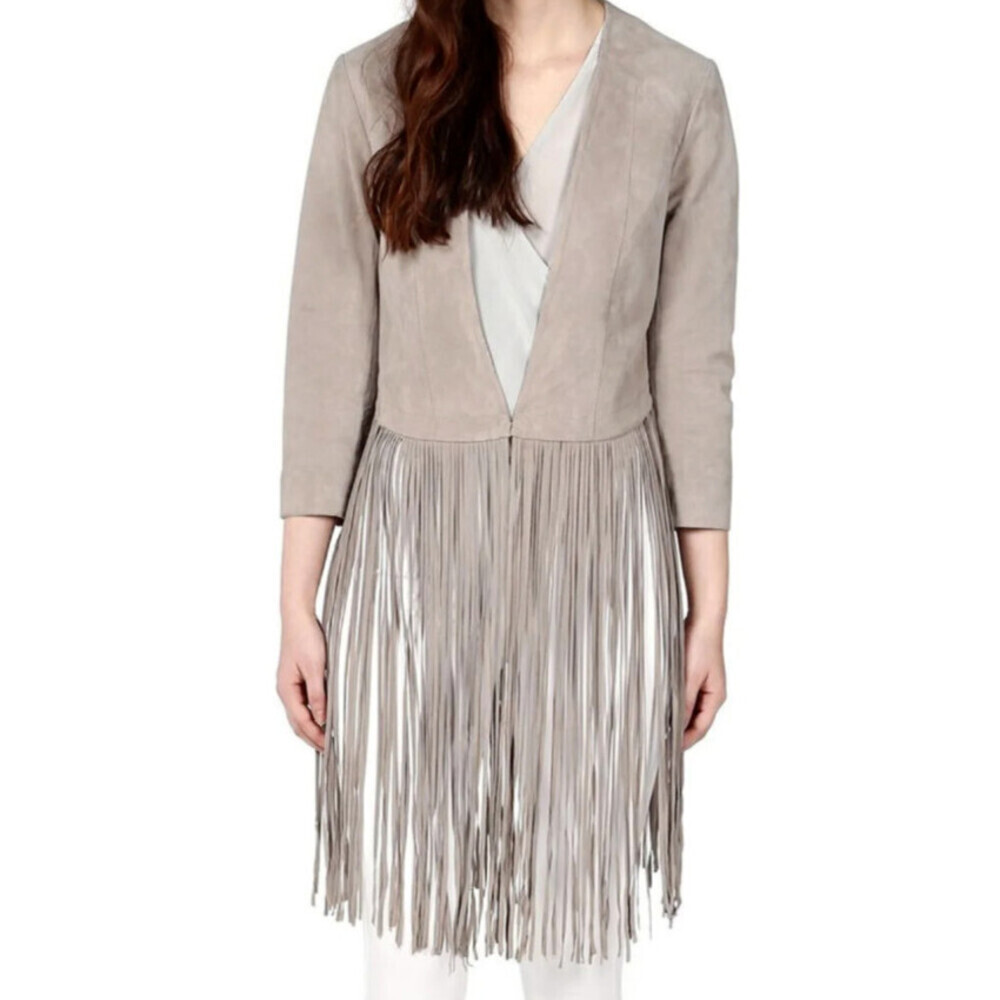 NWT Soia & Kyo Romie Collarless Light Grey Suede Long fringe Boho Jacket XS